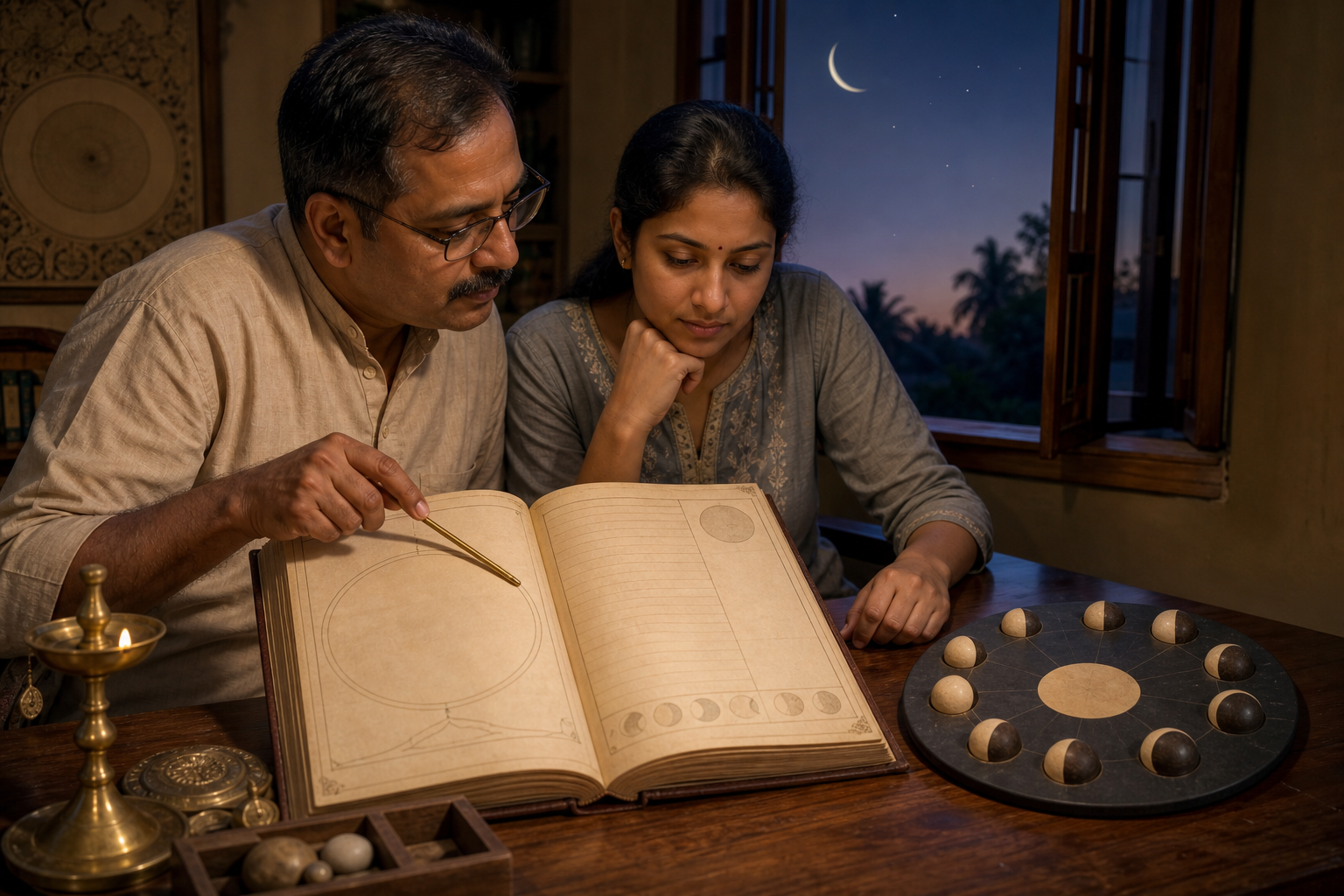 Two family members compare an open almanac and a moon-phase model beside a window at evening.
