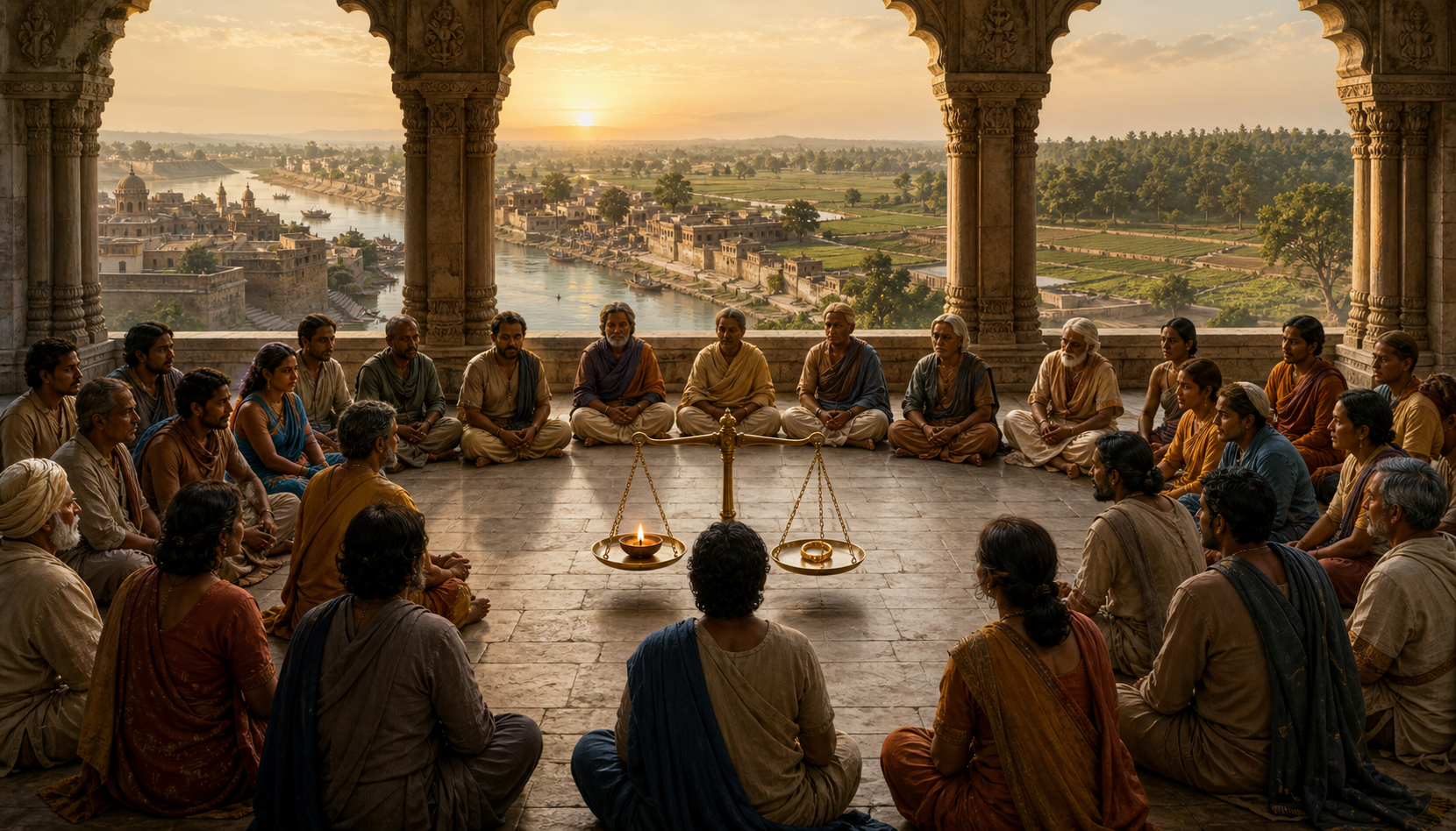 A leader stands among citizens in an open civic courtyard beside a balanced scale holding a lamp and a signet ring, with a river, farms, town, and forest in the distance.