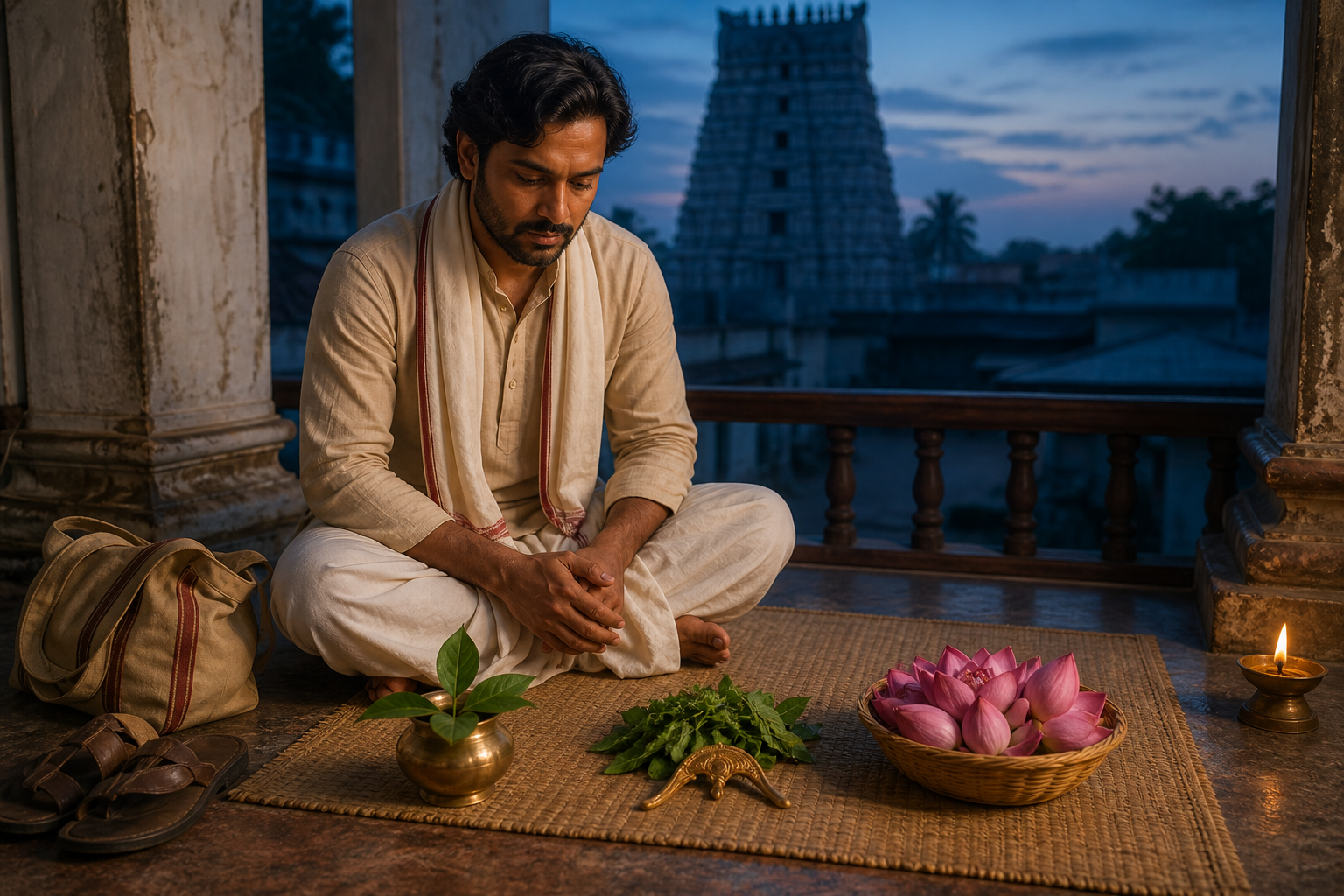A pilgrim sits beside three sets of devotional offerings, including bilva leaves, tulsi, a ceremonial bow ornament, and lotus flowers, before beginning a temple journey.