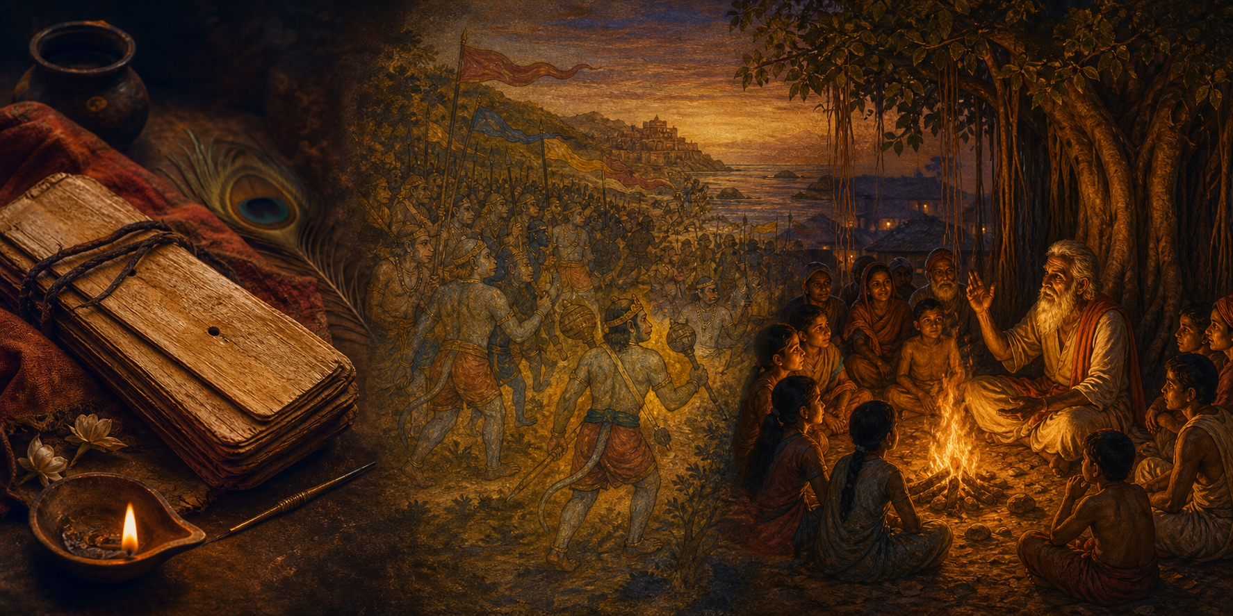 Manuscripts and an oral storytelling circle surround the softly lit silhouette of a mace-bearing vanara warrior.