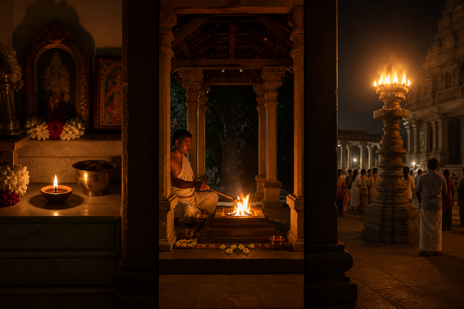Three separate settings show a household oil lamp, a priest tending a small homa fire, and an elevated lamp in a temple courtyard.