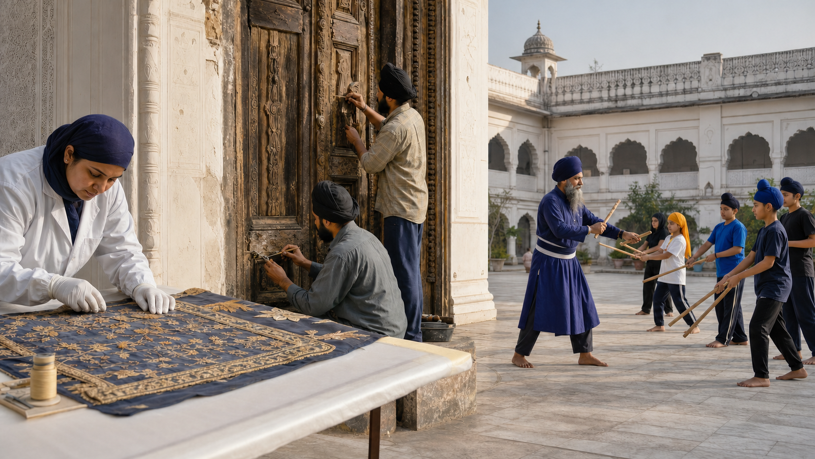 A textile caretaker, doorway craftspeople, and a gatka instructor preserve an object, a historic place, and an embodied practice in a gurdwara courtyard.