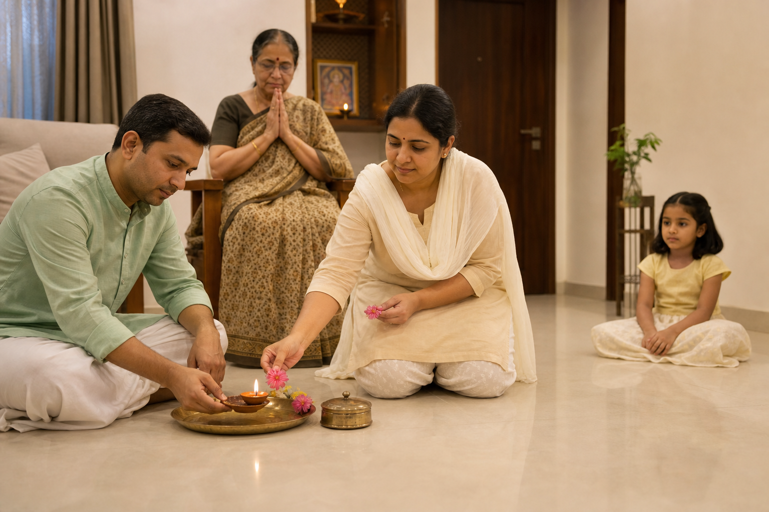 A family performs a simple evening observance around a clay oil lamp placed safely on a brass tray.