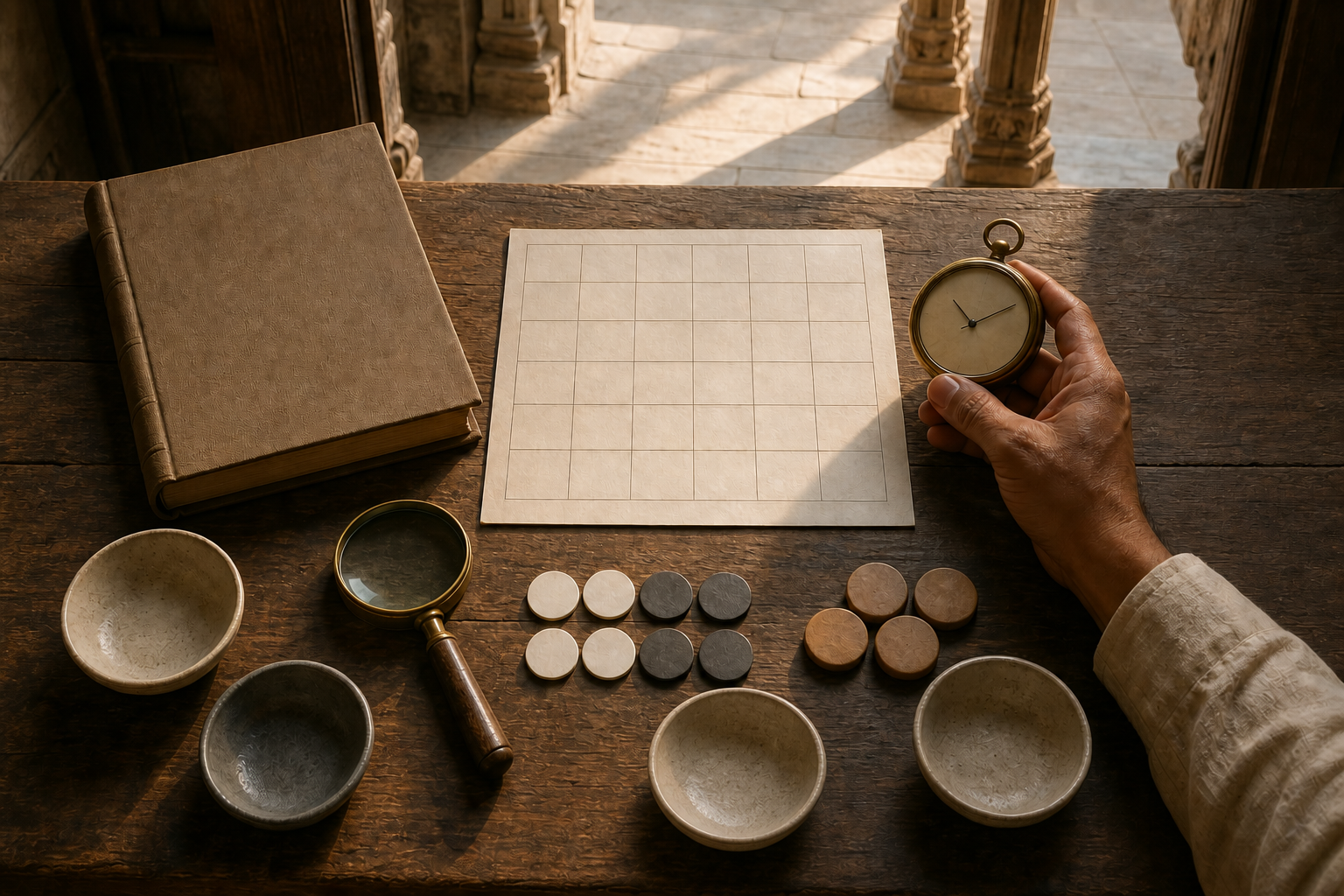 A research desk holds a blank calendar grid, brass clock, magnifying glass, moon-shaped tokens, and temple tokens arranged for checking pilgrimage details.