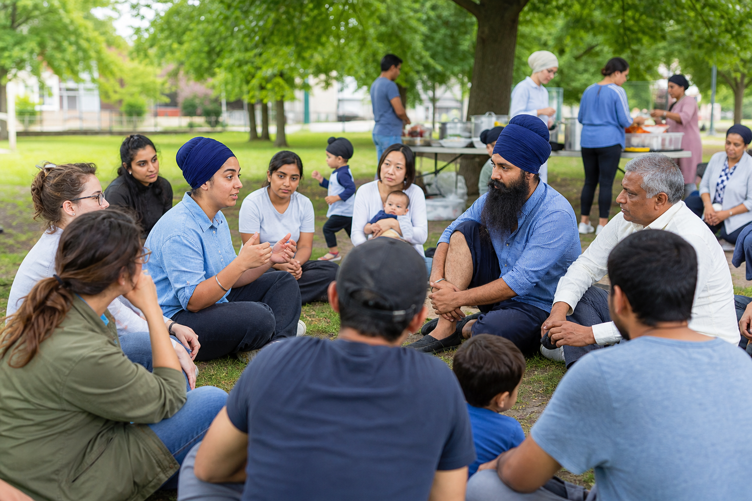 Sikh residents wearing dastars participate in an outdoor neighbourhood planning circle as volunteers prepare a shared meal nearby.
