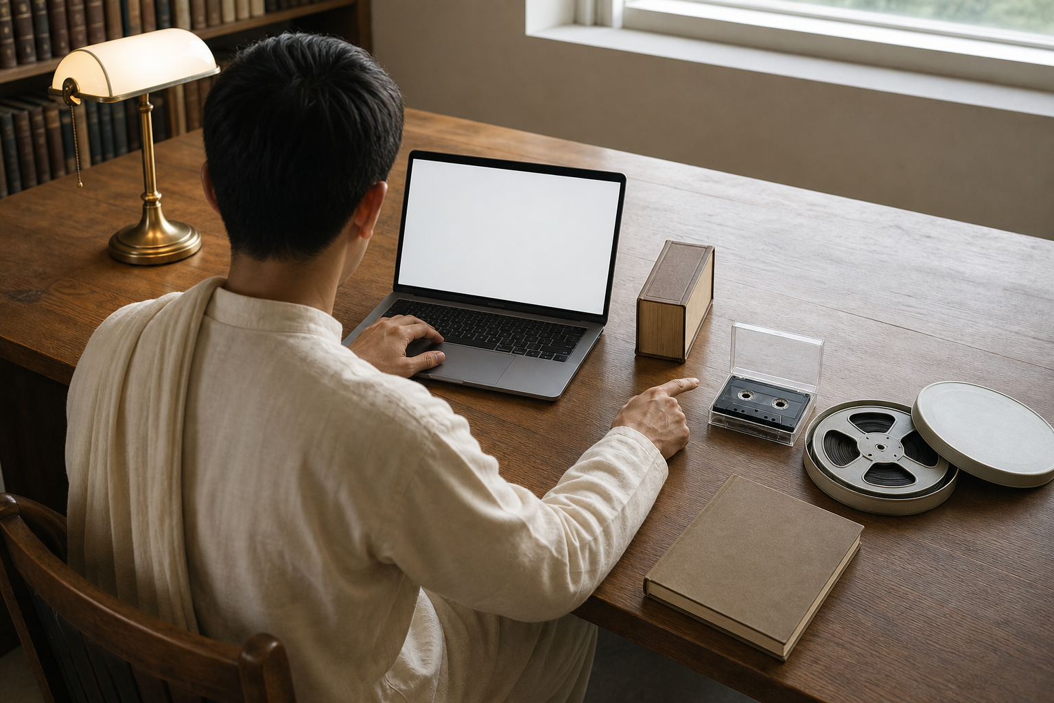 An anonymous scholar compares a laptop archive with a bound volume, cassette, tape container, and closed notebook at a library table.