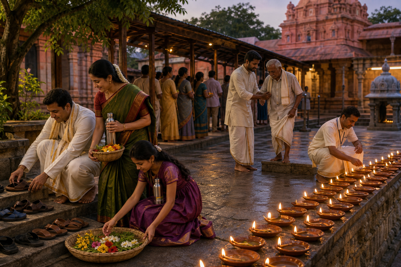 Pilgrims with reusable bottles and leaf offering baskets wait calmly in a clean temple courtyard while one person assists an older visitor.