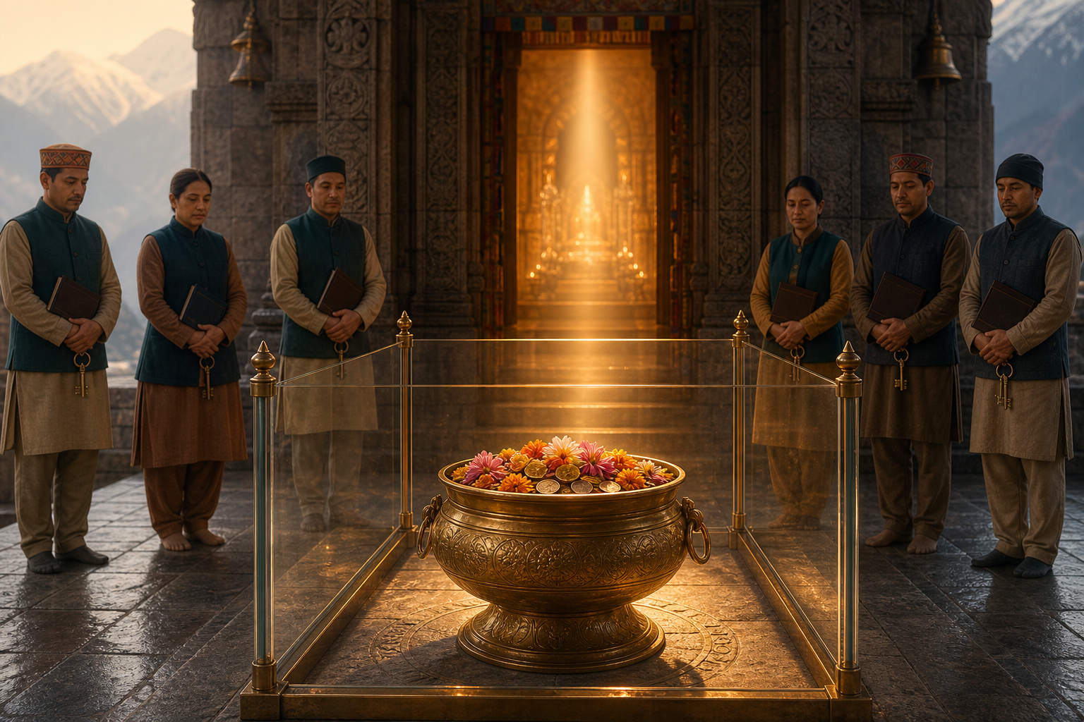 A brass vessel containing flowers and unmarked coins sits within a transparent protective boundary at the entrance to a Himalayan temple as administrators hold ledgers and keys nearby.