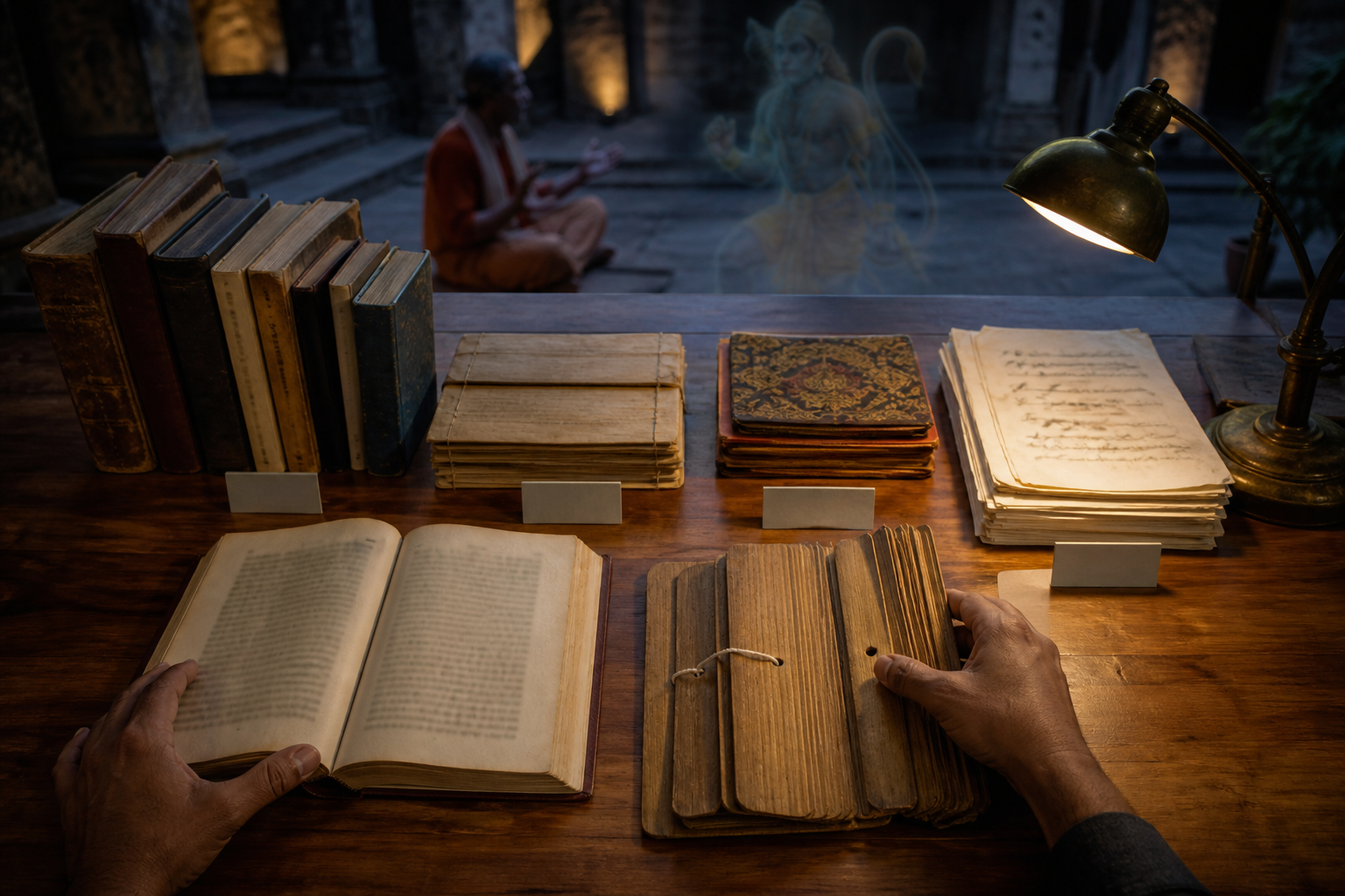 A researcher's hands compare books, palm-leaf folios, and field notes while an oral storytelling scene appears softly in the background.