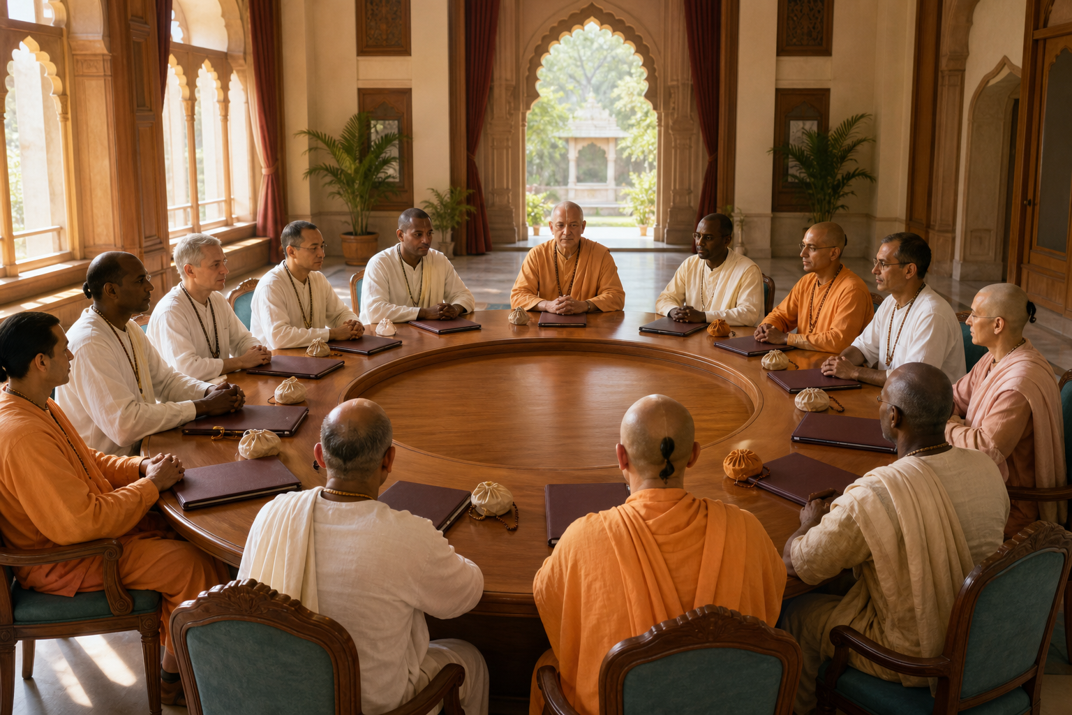 Vaishnava administrators sit around a circular conference table with unmarked folders in a temple-inspired meeting hall.