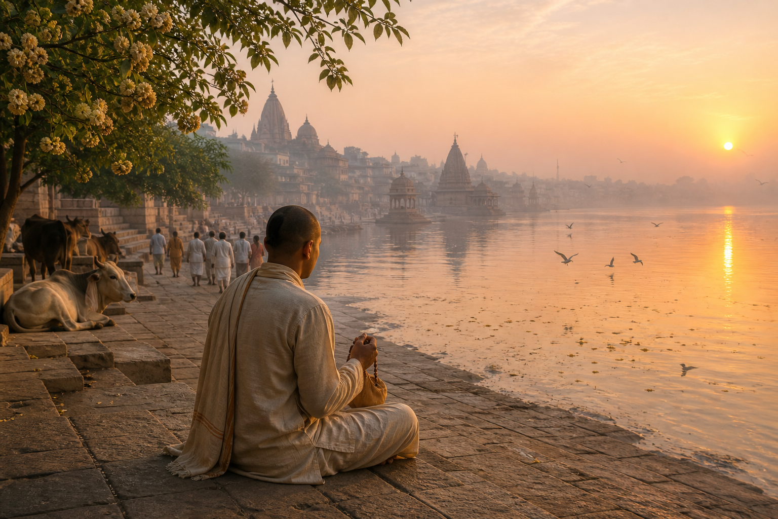 A Gaudiya Vaishnava pilgrim chants with prayer beads on stone steps beside a sacred river as other pilgrims approach distant temples at dawn.