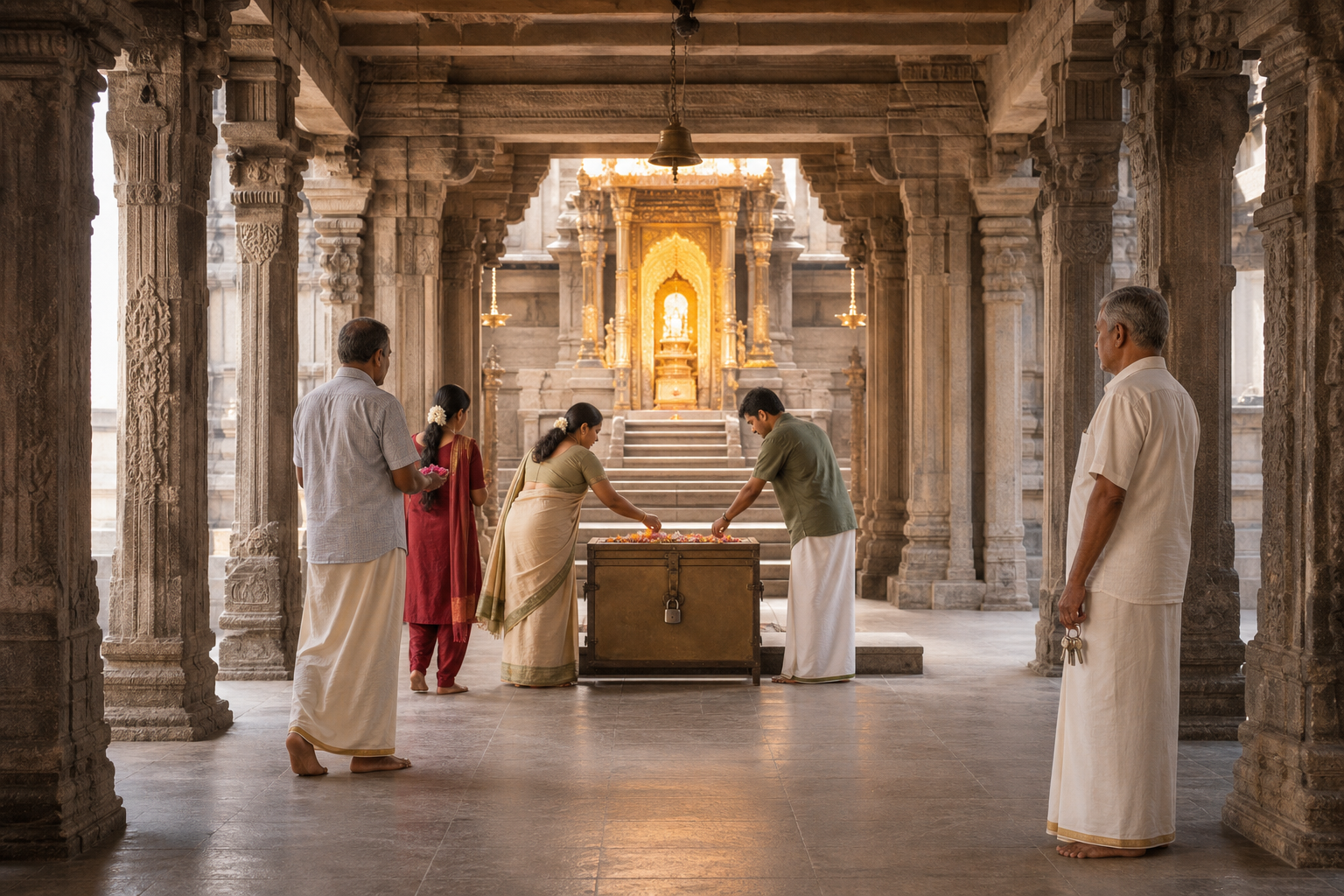A temple trustee holding keys stands beside a donation chest as devotees make offerings before the sanctum.