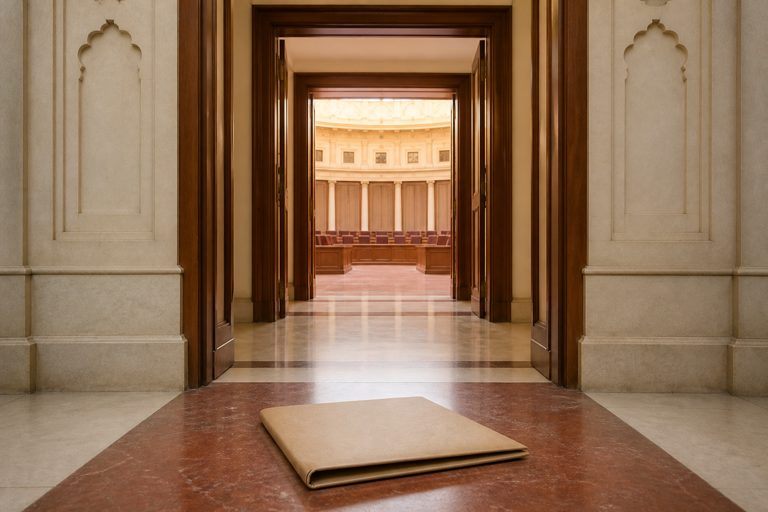 An unmarked document folder lies before a series of doorframes leading toward an empty council chamber.