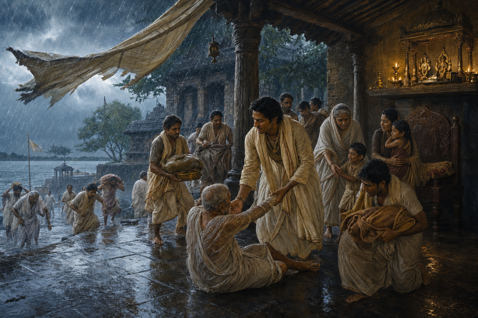 A Vaishnava community leader helps devotees find shelter and safety as monsoon rain strikes a temple courtyard.