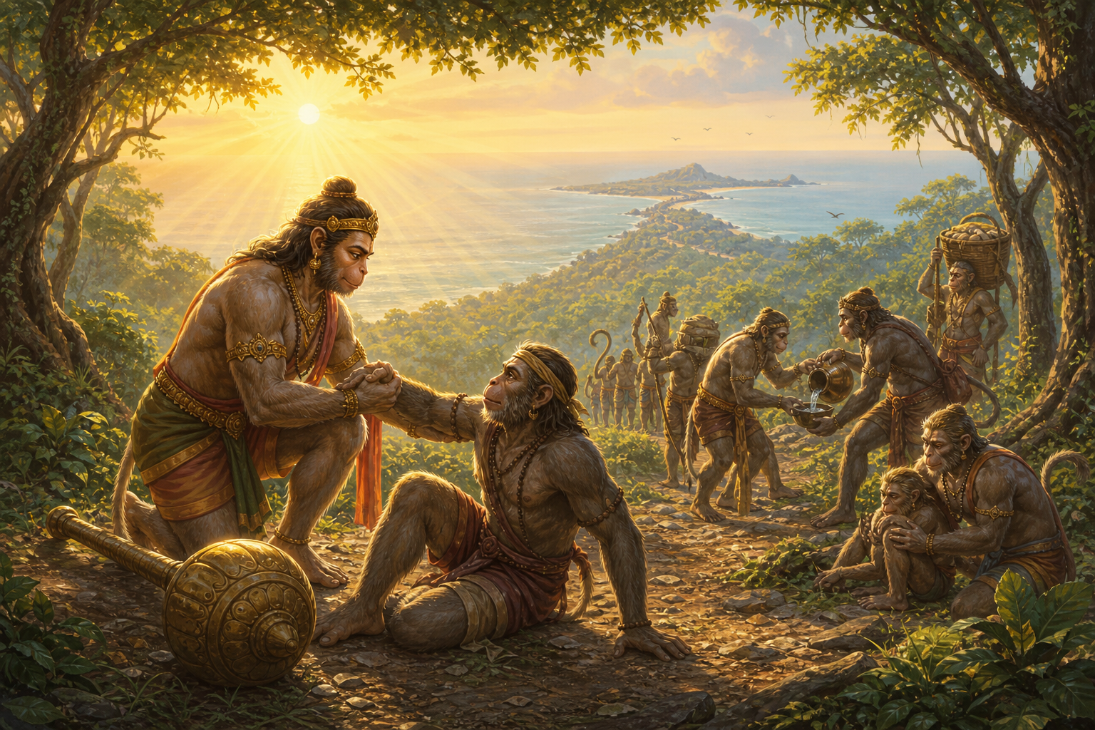 A powerful vanara warrior sets down his mace and helps a weary companion while others share supplies on a coastal path.