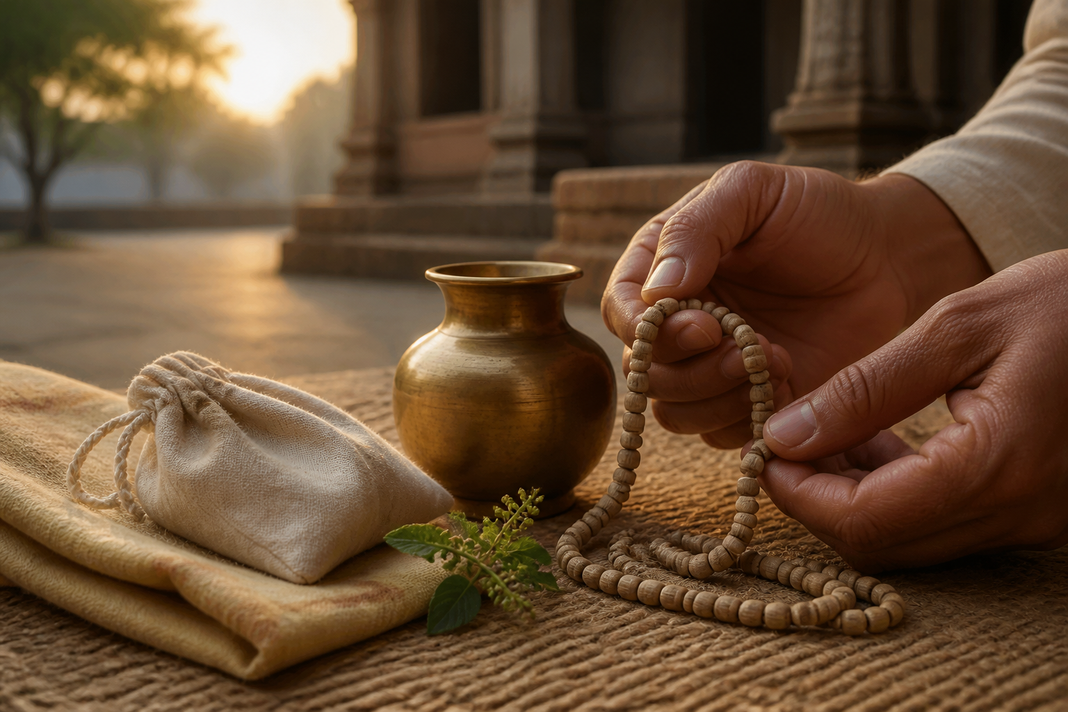 A pilgrim gathers tulasi prayer beads beside a cloth bead bag, folded shawl, brass water vessel and tulasi sprig at sunrise.