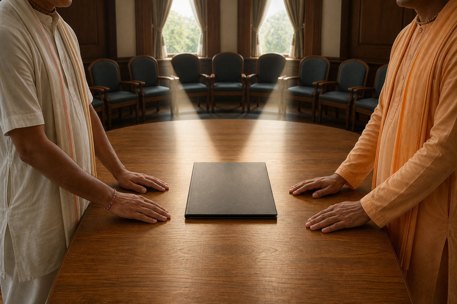 Two Vaishnava council members stand across a table with their hands beside one unmarked proposal folder.