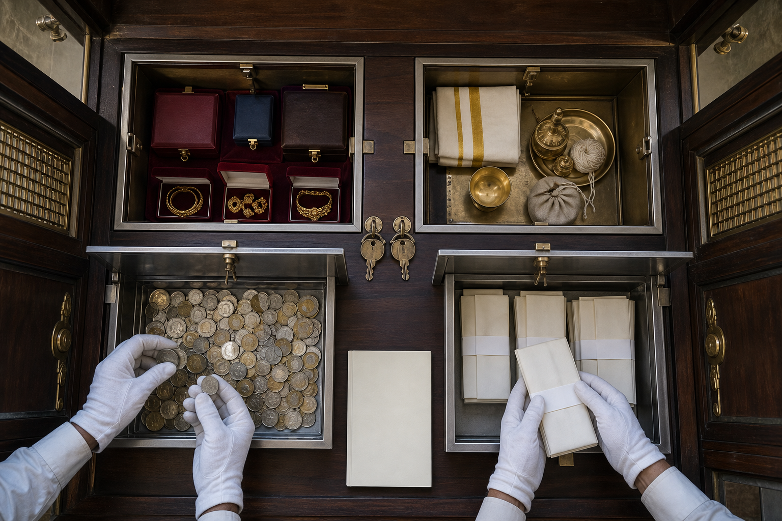 Separate locked treasury compartments hold coins, sealed currency packets, jewelry cases, and ritual gifts while two people count the offerings.