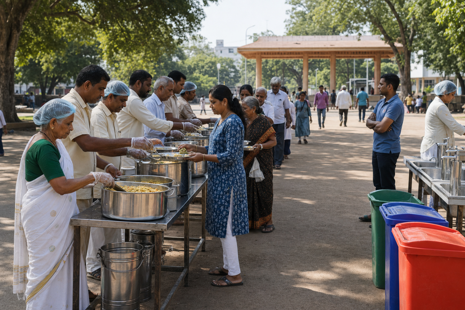 Volunteers serve a vegetarian annadhanam meal at an orderly public ground with handwashing, waste, and safety facilities in place.