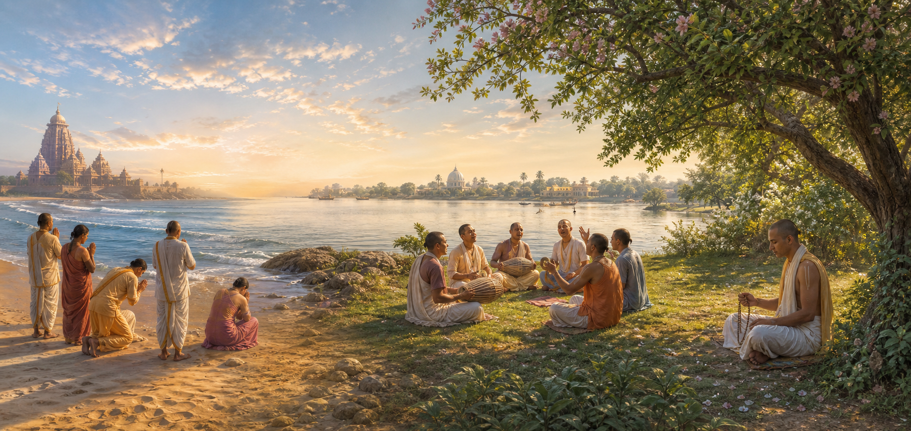 A panoramic illustration shows pilgrims offering respect by the Puri seashore, singing kirtan beside the Ganges and chanting quietly in a Vrindavan grove.