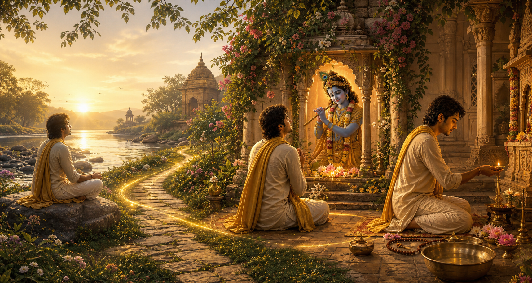 Three connected temple-garden scenes show a luminous natural landscape, a devotee meeting Krishna at a shrine, and the devotee practicing with a lamp, flowers, water, and prayer beads.