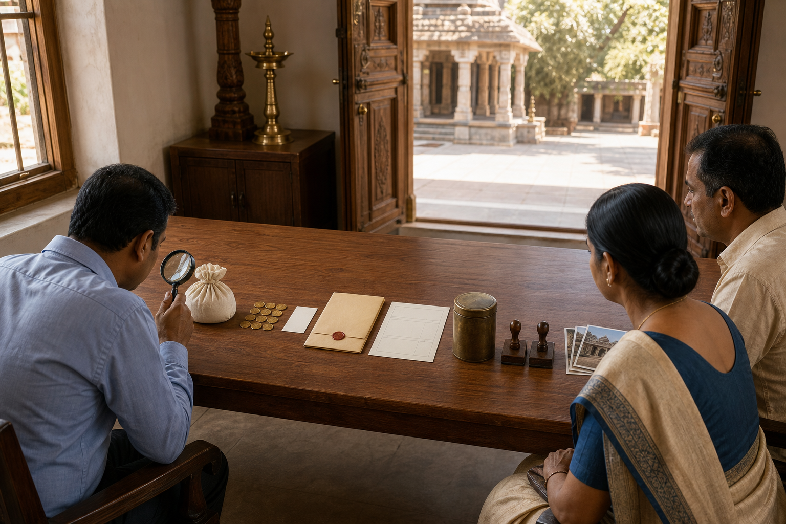 An auditor and two committee members examine a sealed offering pouch, receipts, approval materials, deposit container, and evidence of temple repairs.