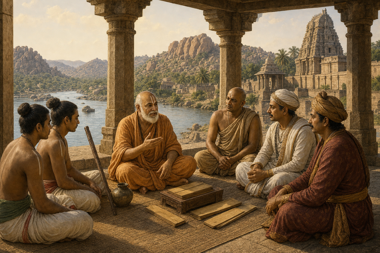 Historical illustration of Vyasaraja teaching beside palm-leaf manuscripts while students and public figures gather in a riverside stone pavilion.