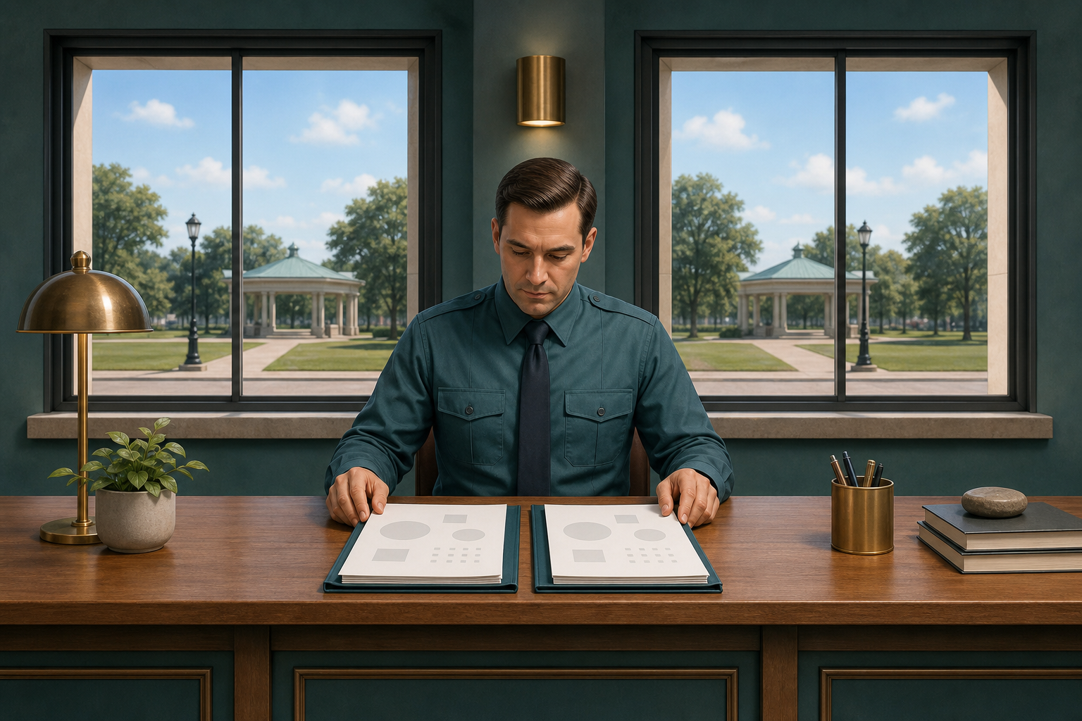A municipal officer compares two identical event application folders at a public-service counter overlooking a civic ground.