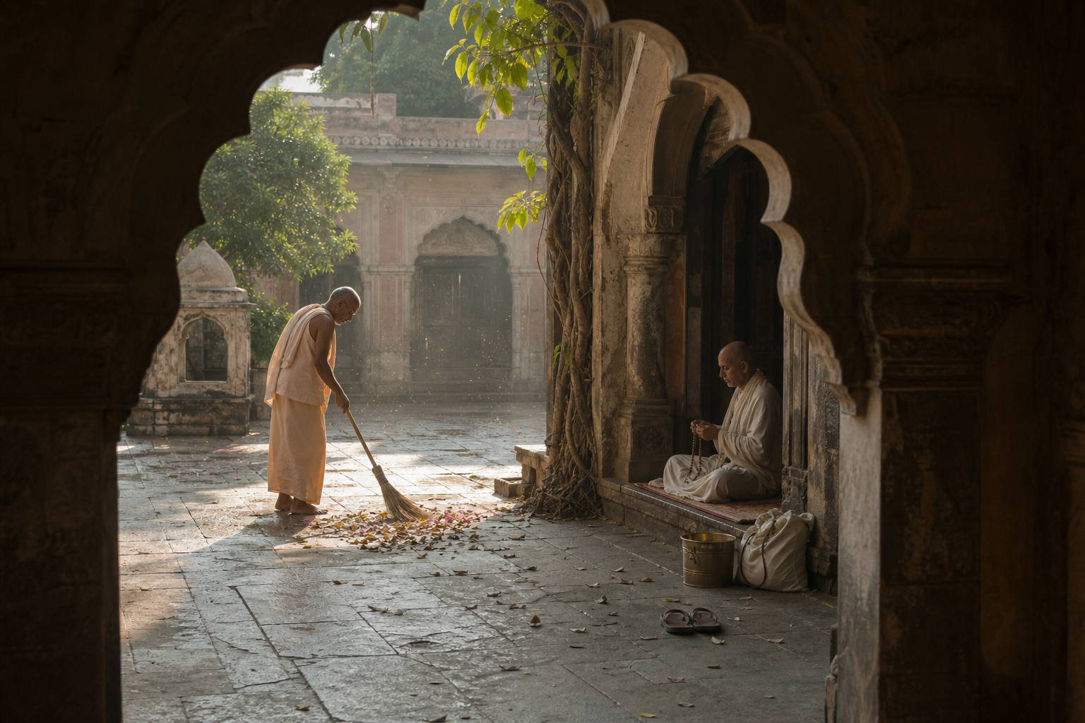 One devotee sweeps leaves and flower petals from a quiet temple courtyard while another chants prayer beads in the shade.
