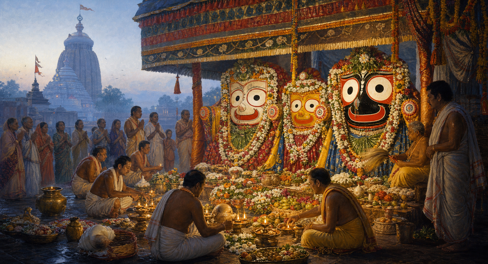 Temple attendants arrange lamps, flowers, water vessels, conch shells, and food before the garlanded forms of Jagannath, Balabhadra, and Subhadra in a Puri courtyard at dawn.