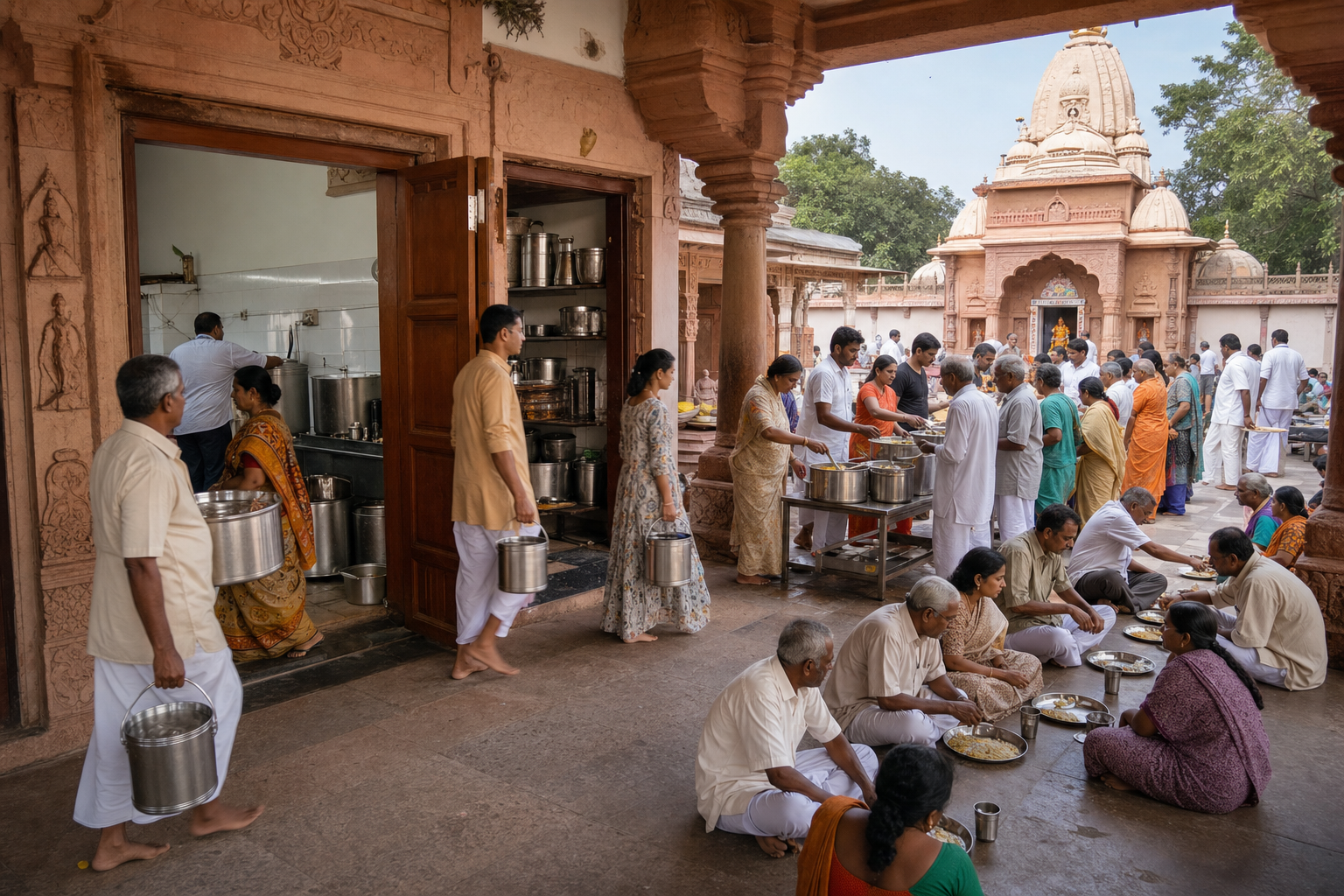 Volunteers carry food from a temple kitchen and serve a communal meal to visitors in the adjoining courtyard.