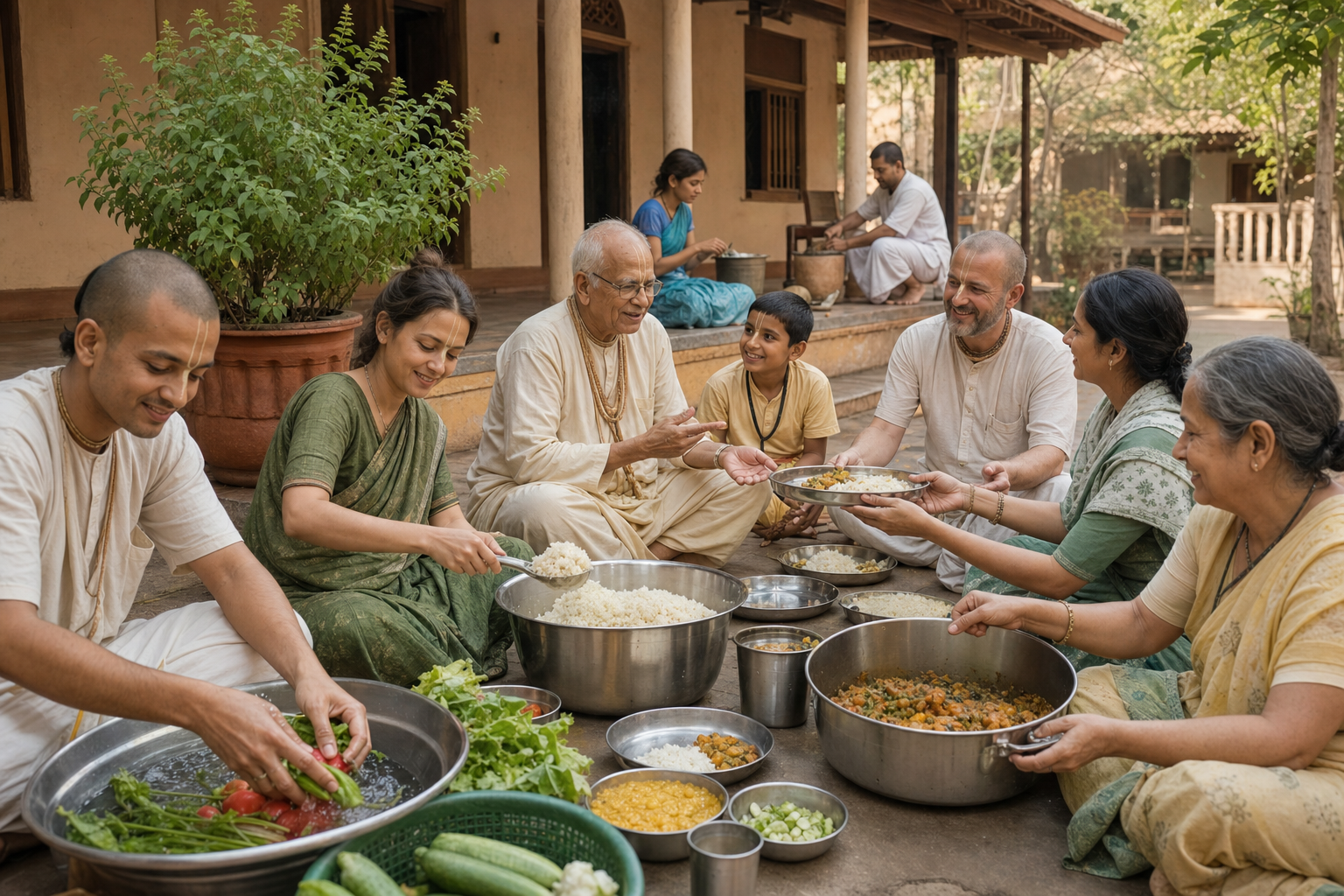 An elderly Vaishnava teacher and a multigenerational group prepare and serve a vegetarian meal together in an ashram courtyard.