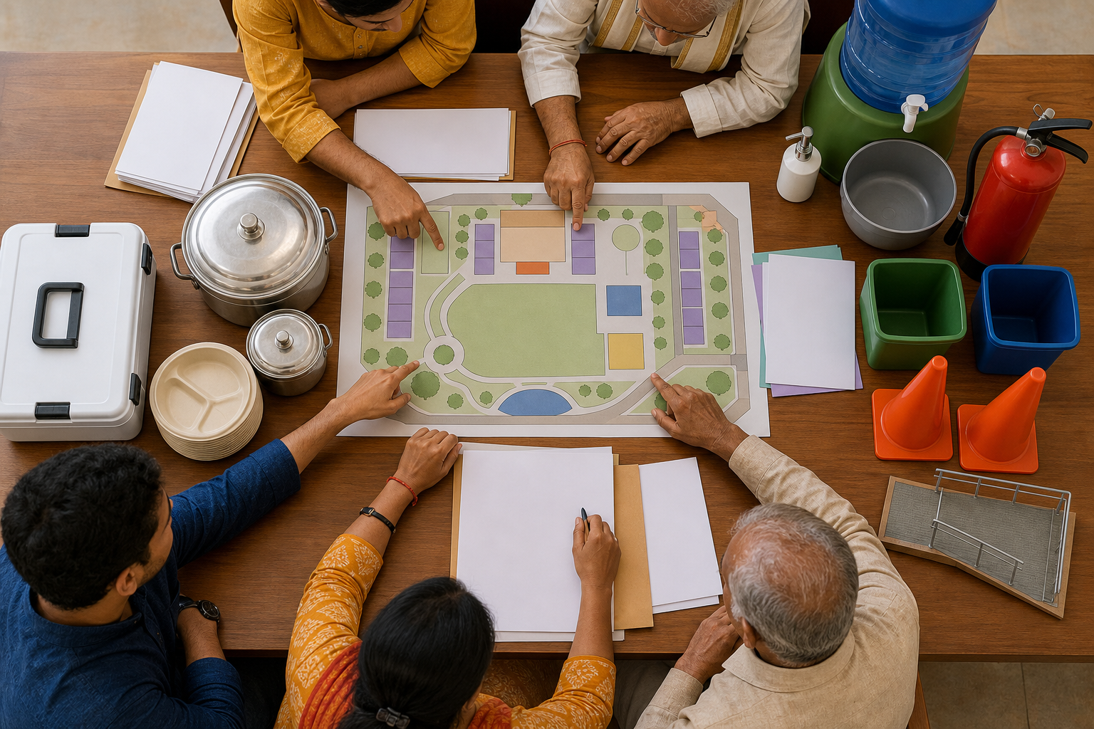 Organizers review a site layout alongside food-service, sanitation, safety, waste, and accessibility equipment for an annadhanam application.