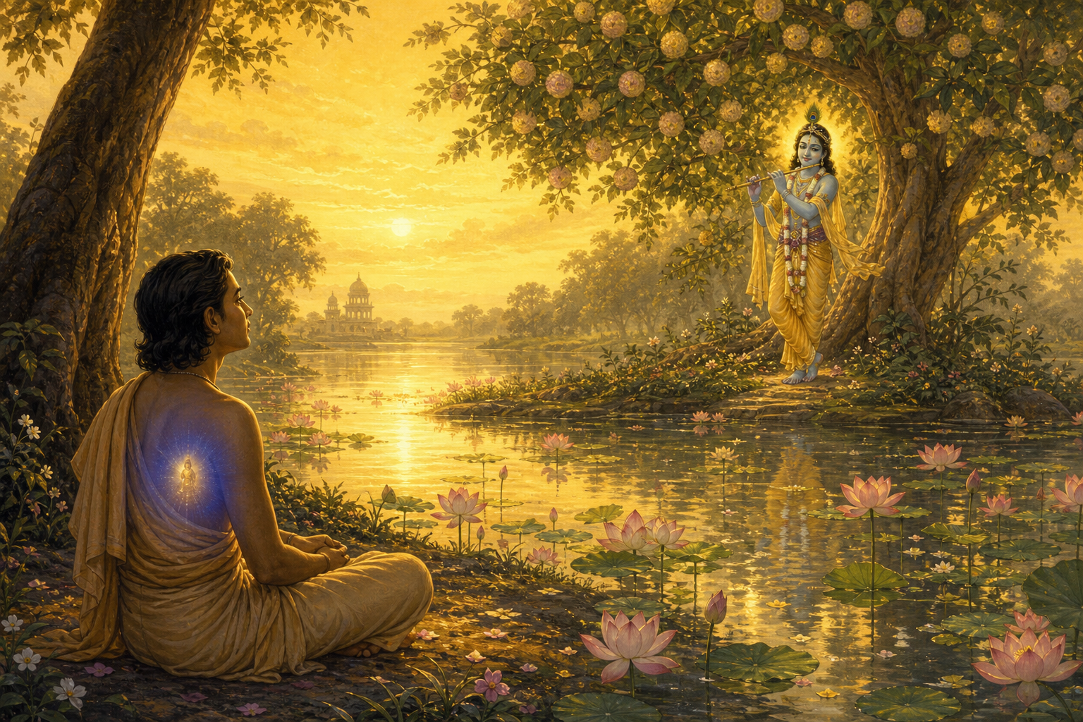 A devotee sits beside a luminous lotus pond with a small glow at the heart while Krishna stands across the water beneath a flowering tree.