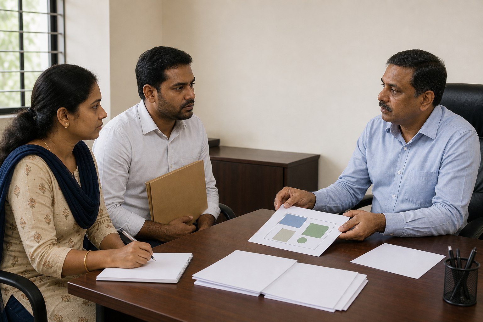 Two annadhanam organizers meet with a municipal official to discuss blank application documents and a diagram after a permit refusal.
