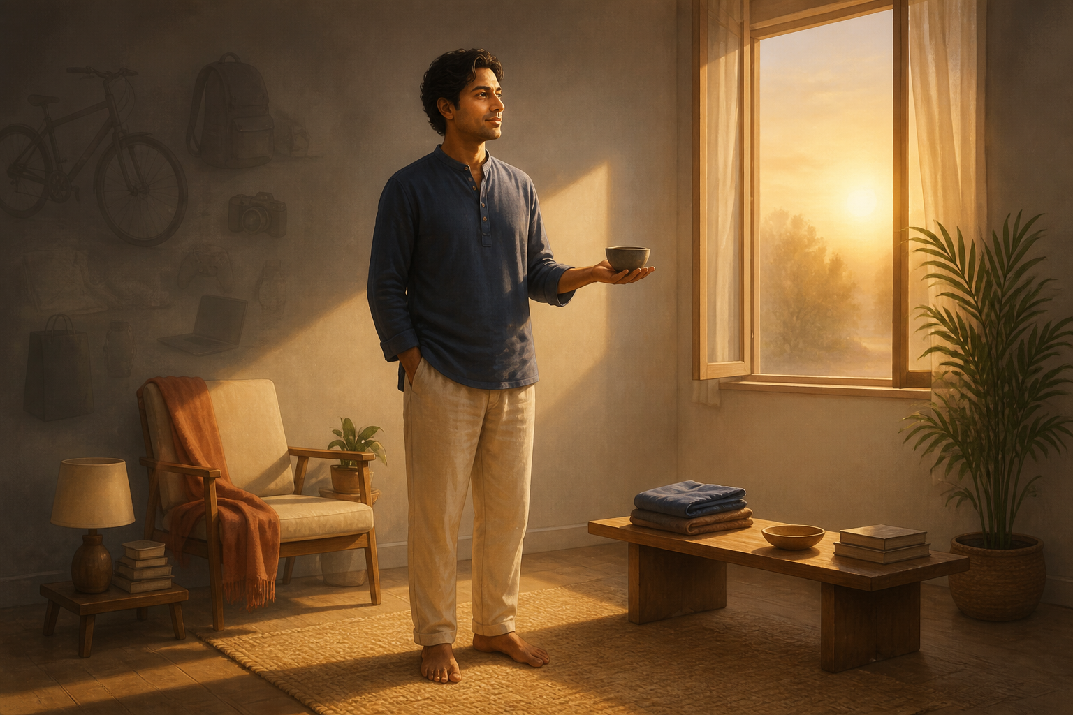 A calm person stands in a spacious, warmly lit home with an everyday object resting on an open palm while faint outlines of additional possessions recede into shadow.