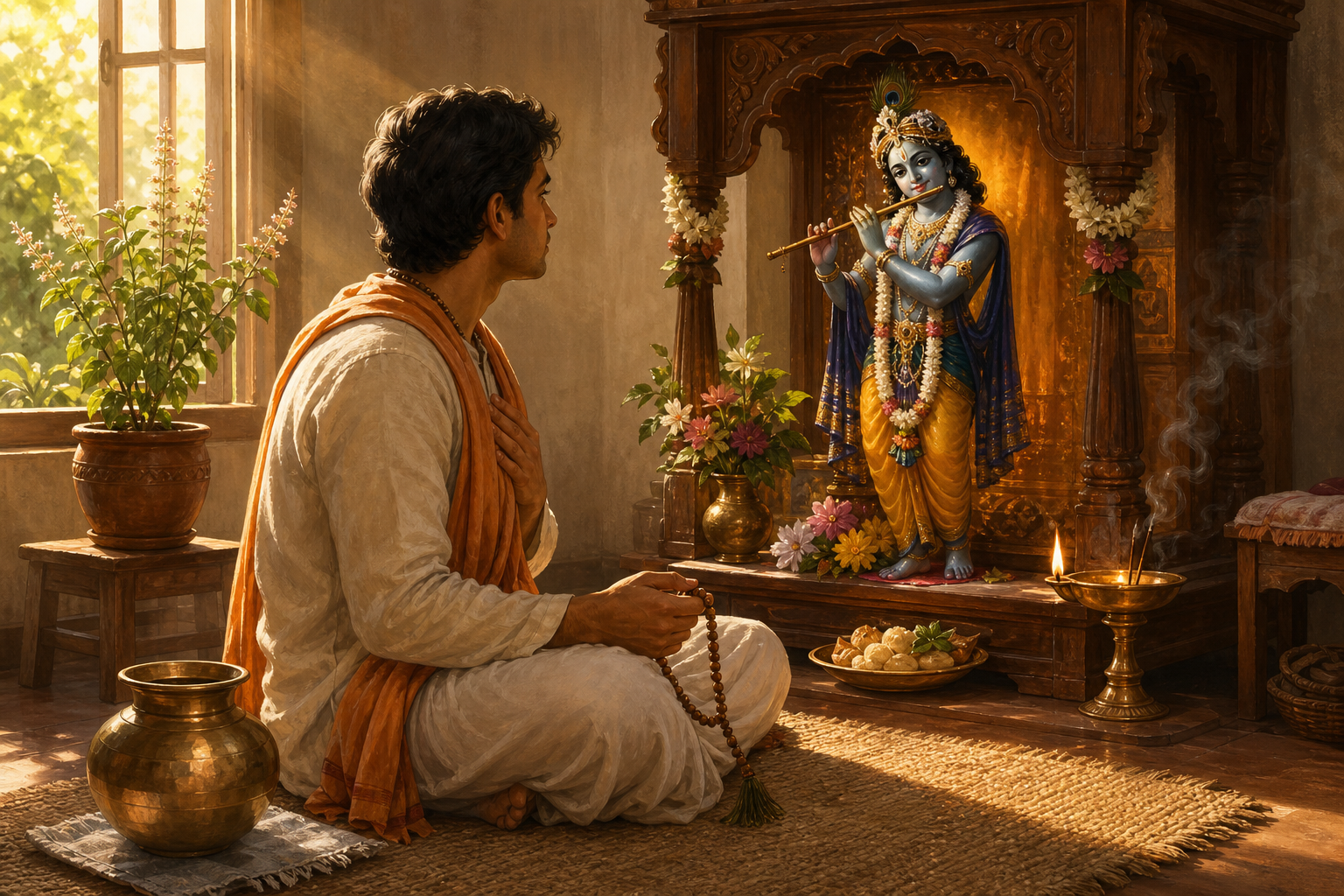 A devotee practices before a small Krishna shrine with water, tulsi beads, a flower and food offering, an oil lamp, and a tulsi plant nearby.