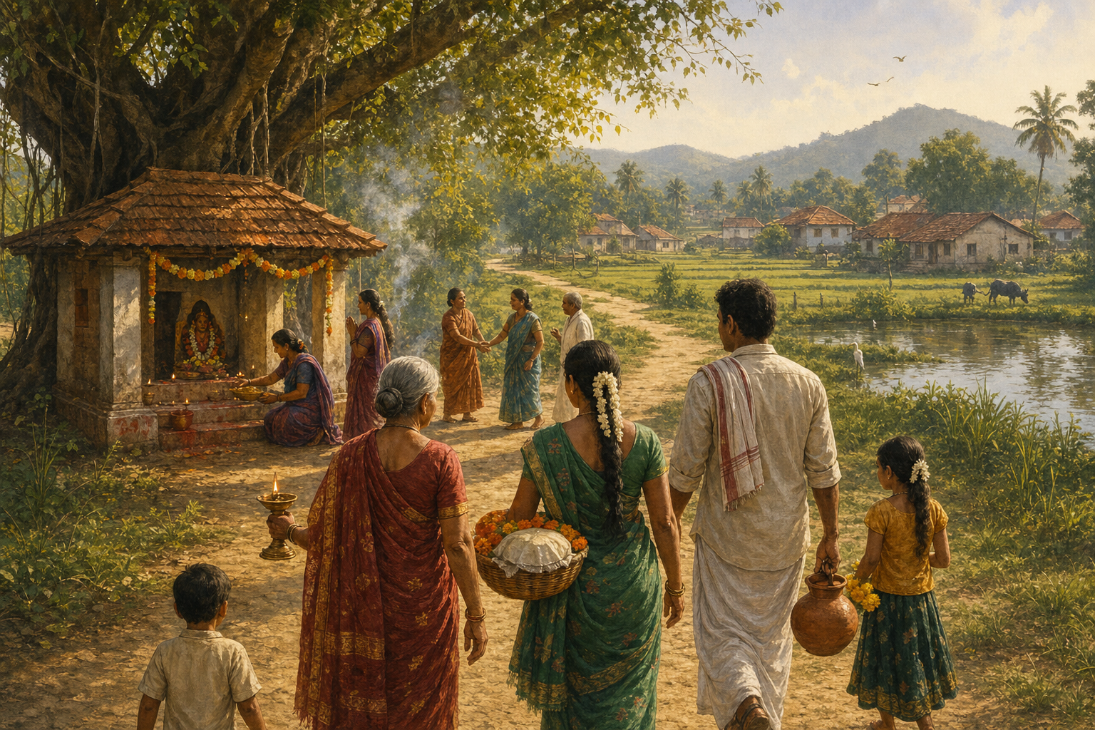 A multigenerational family carries lamps, flowers and offerings along a path between a village goddess shrine, fields and nearby homes at sunrise.