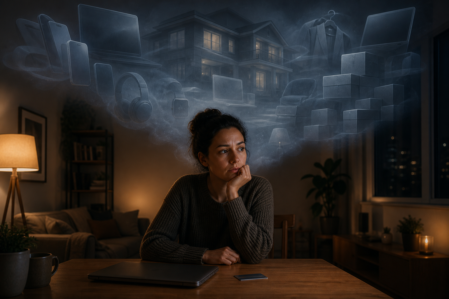 A person sits beside a closed laptop and payment card while translucent images of a larger home, electronics, and packages crowd the space behind them.