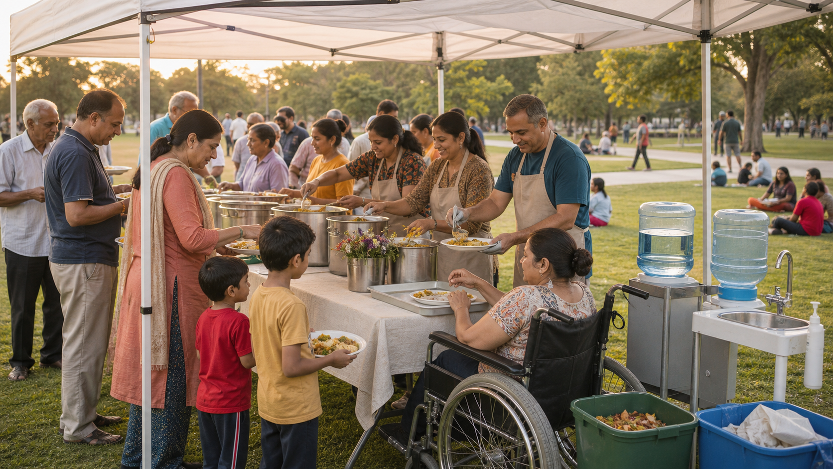 Hindu volunteers provide vegetarian meals to a diverse group beneath a temporary canopy on an open public ground.