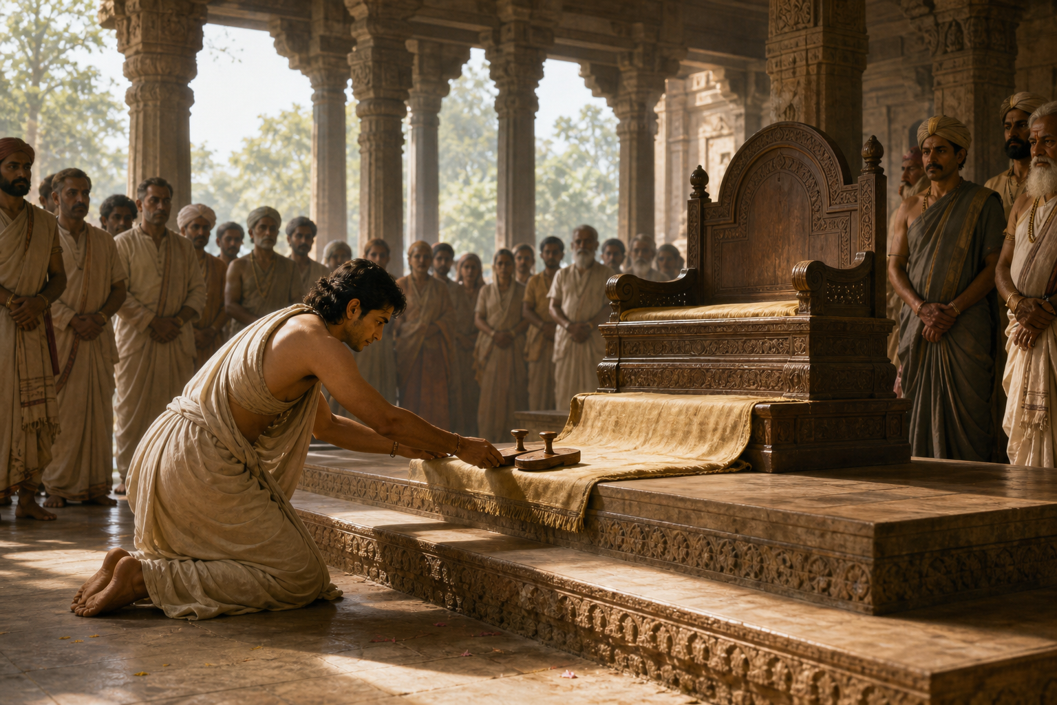 Bharata places a pair of wooden sandals on an empty throne while ministers and citizens watch in a columned royal court.