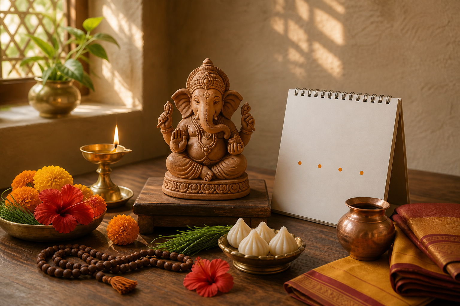 A clay Ganesha murti beside an unmarked calendar, brass lamp, flowers, prayer beads, copper vessel and modaks in a home prayer space.