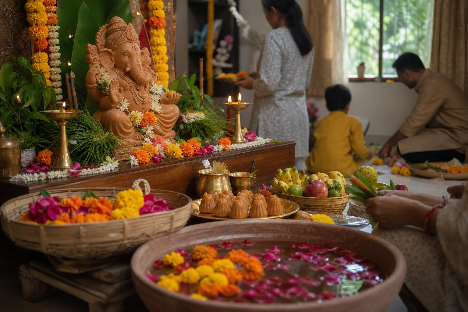A family prepares offerings around an eco-friendly clay Ganesha murti, with flowers, modaks and an earthen basin suggesting the festival's welcome-to-immersion sequence.