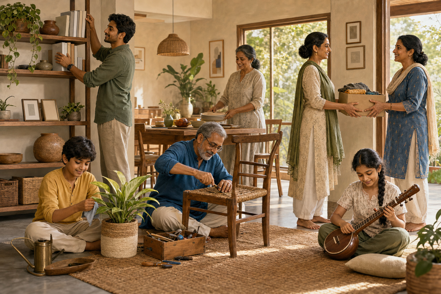 A multigenerational family in a comfortable living room keeps, repairs, and shares useful household belongings.