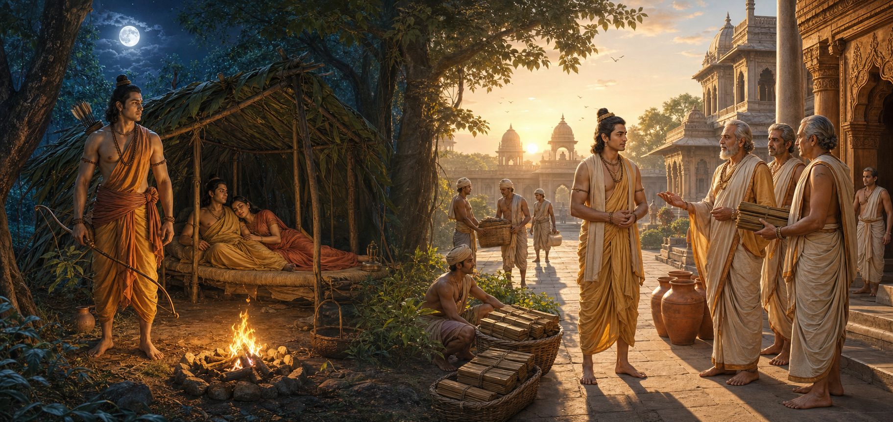 Lakshmana guards a forest shelter at night while, in a connected palace scene, Shatrughna listens to elders and oversees household provisions.