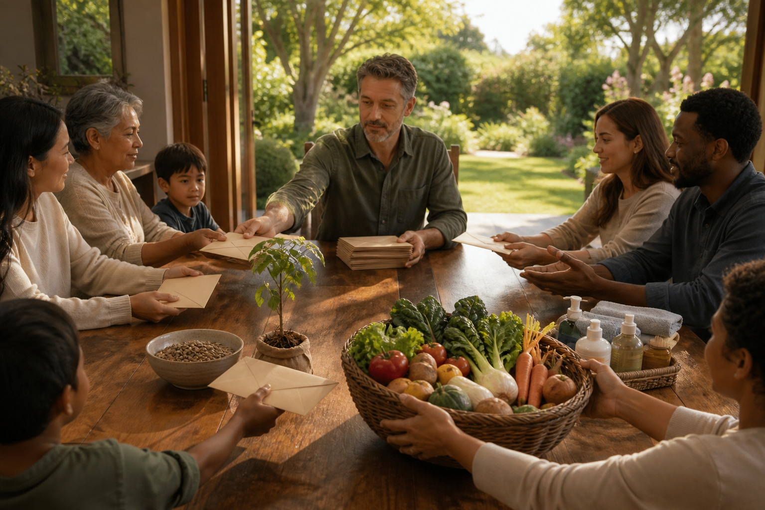 A well-resourced person distributes food, supplies, seeds, and a sapling among family and community members gathered around a wooden table.