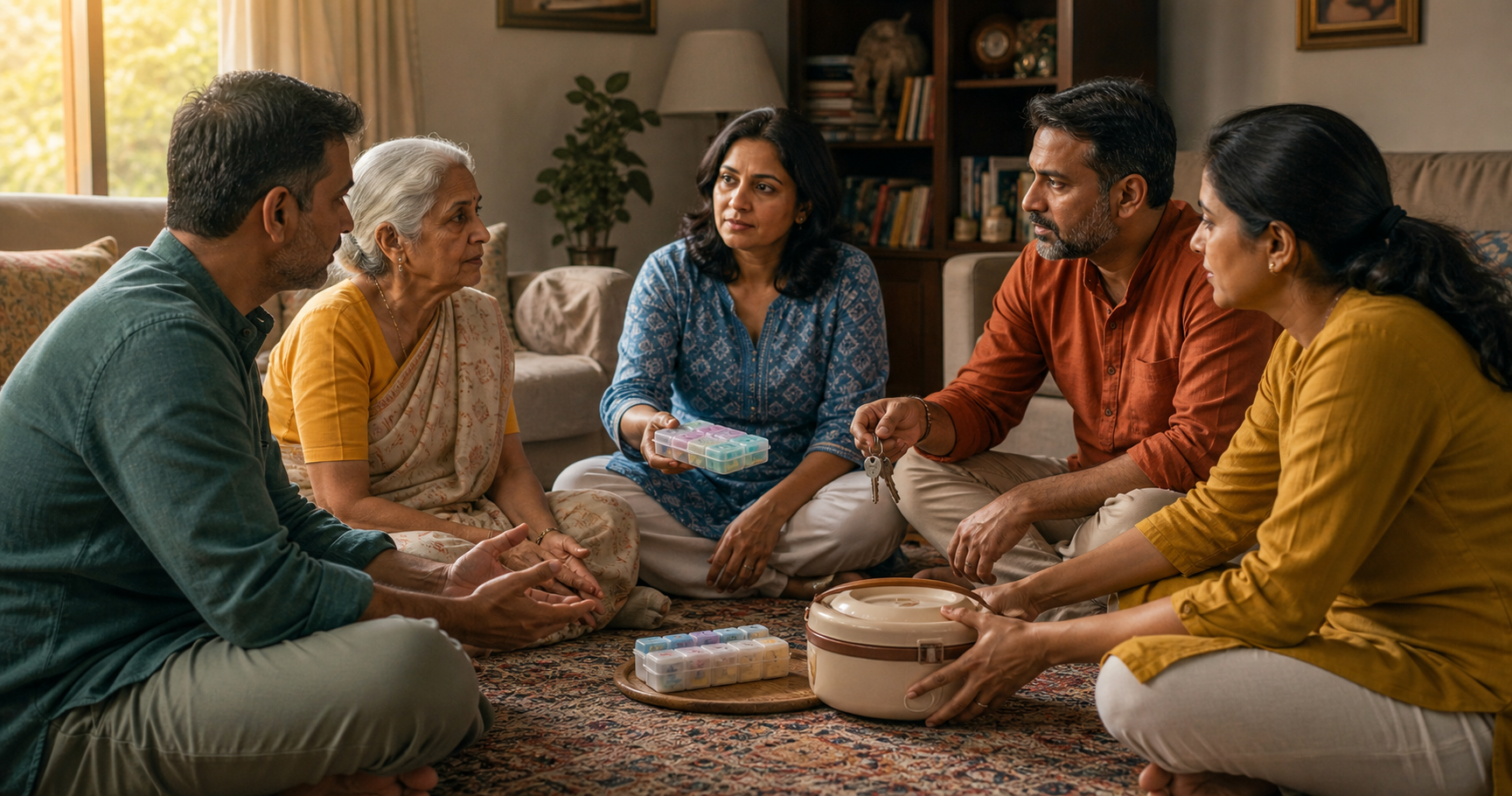 Four adult siblings and an elderly parent sit in a circle at home with medicine, house keys and a meal container placed between them.