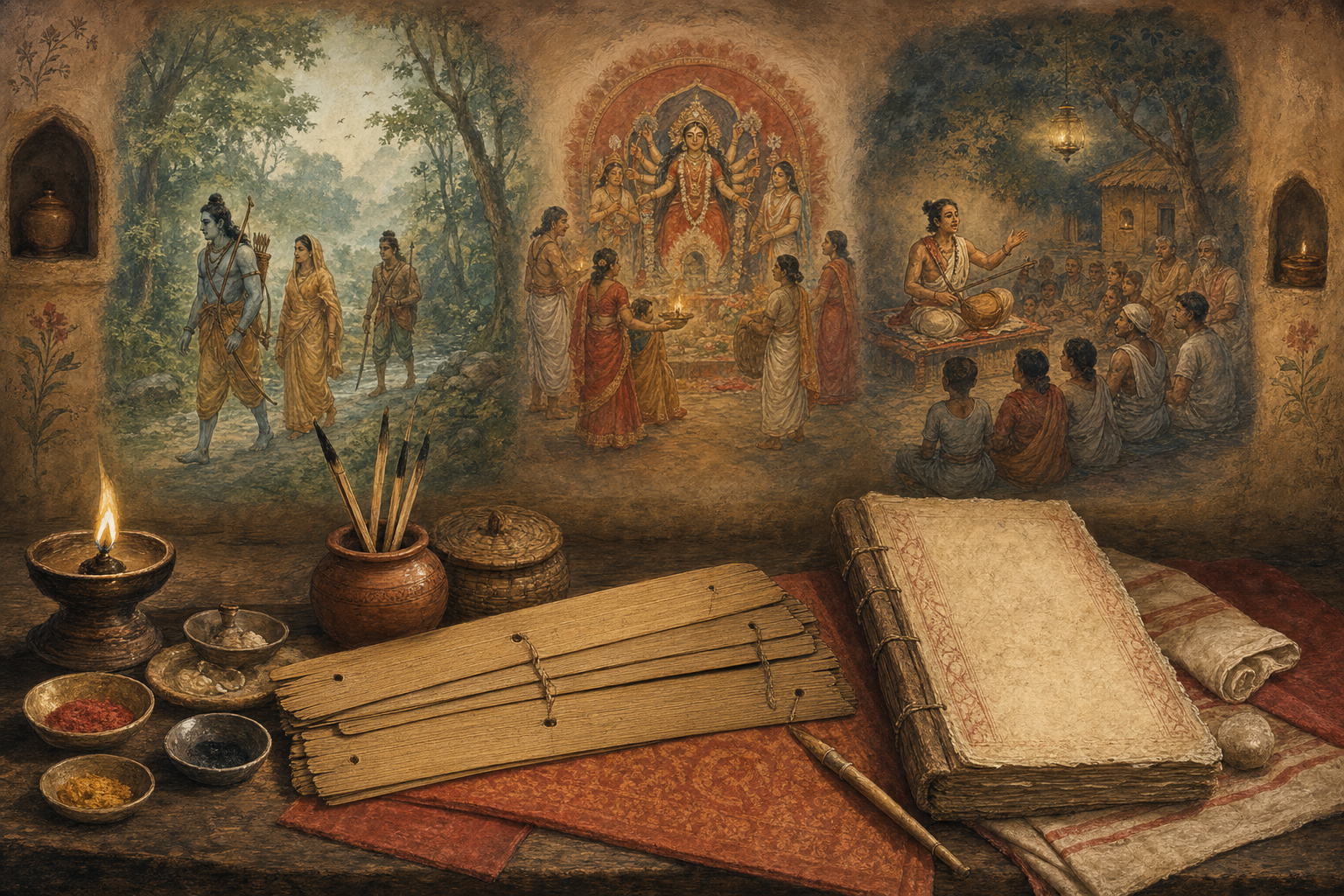 Blank palm-leaf and paper manuscripts lie in a Bengali workshop as background vignettes show different tellings of the Ramayana.