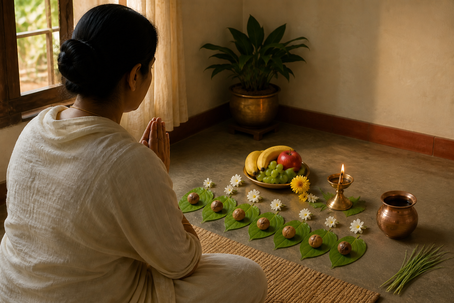 A devotee prays before seven small symbolic sage forms with a brass lamp, copper vessel, fruit, flowers and sacred grass.