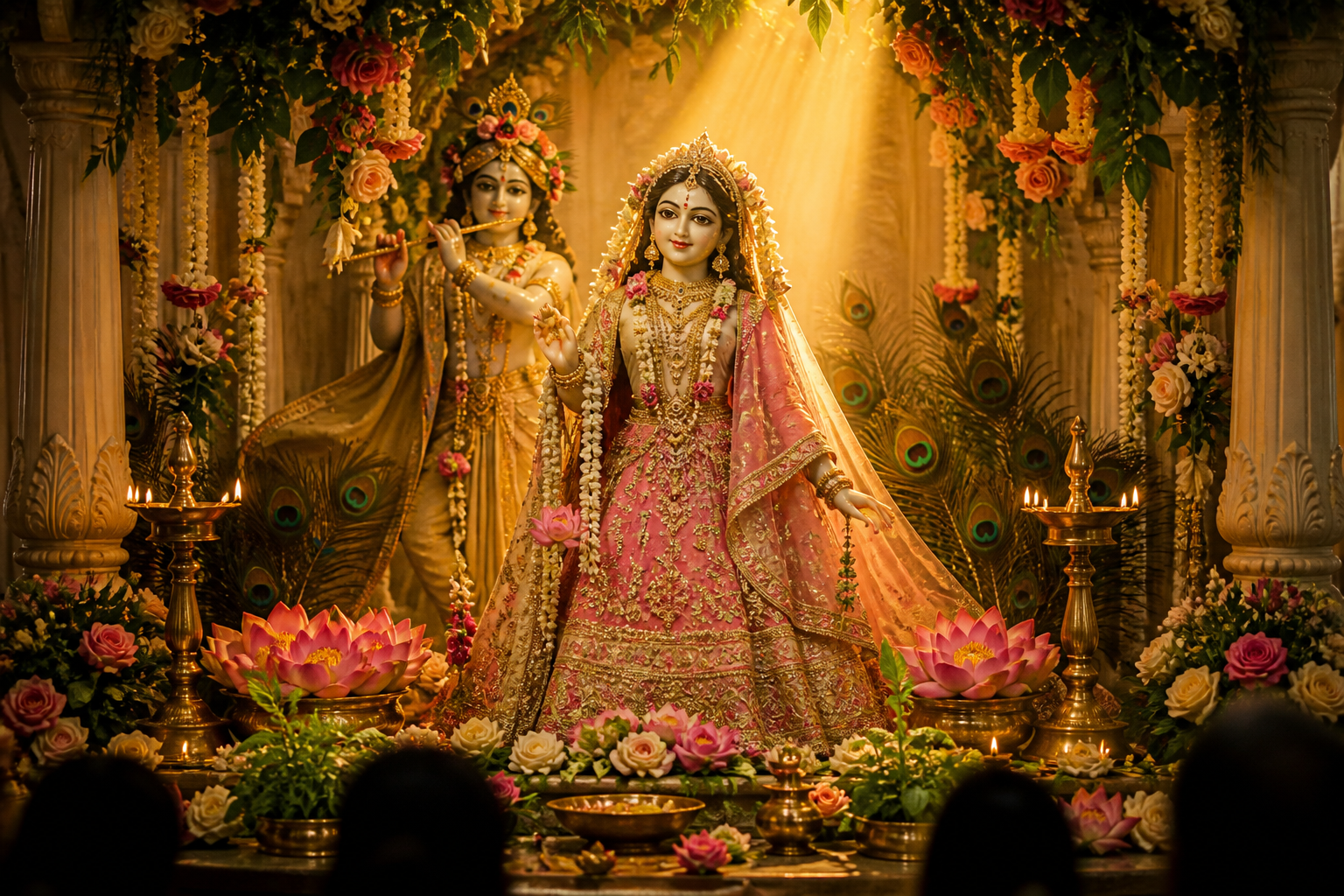 A flower-covered altar displays sculpted forms of Radha and Krishna, with Radha illuminated prominently among lotus flowers, garlands and brass lamps.